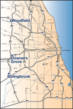 map showing Suburban Express stops in Chicago area