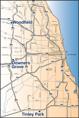 Map showing Suburban Express stops in Chicago area